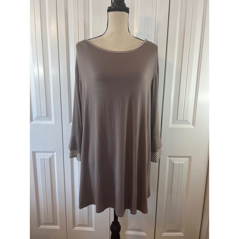 Emerald Womens 2X Taupe Brown Long Sleeve Tunic Top Striped Trim Bell Cuff